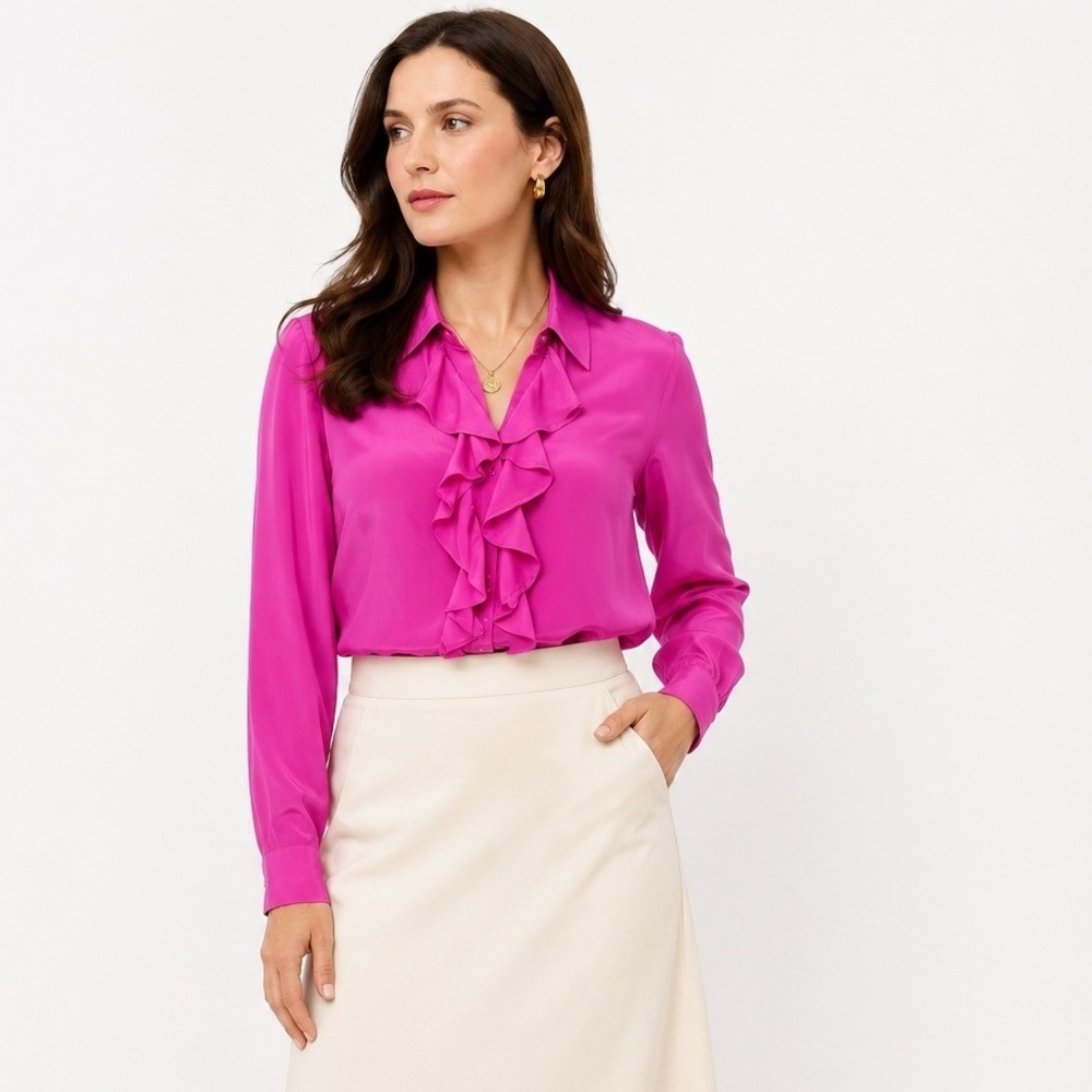 100% Silk J.Crew Jabot Ruffle Blouse 16 Fuchsia Pink Regencycore Romantic Top